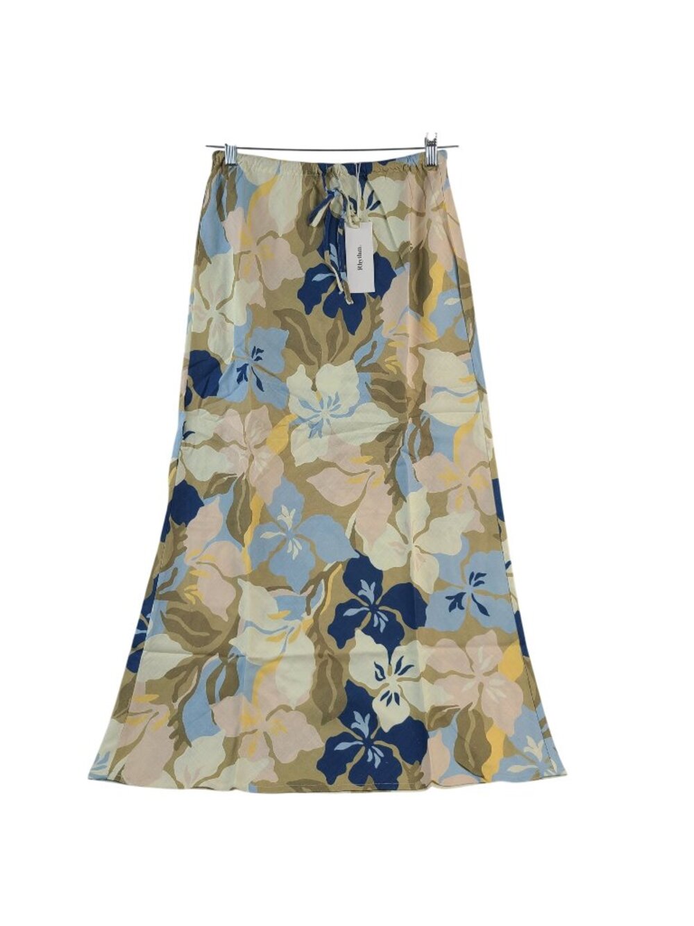 NEW Rhythm Blanca Floral Bias-Cut Maxi Skirt 12/L Olive Blue Rayon Linen Blend